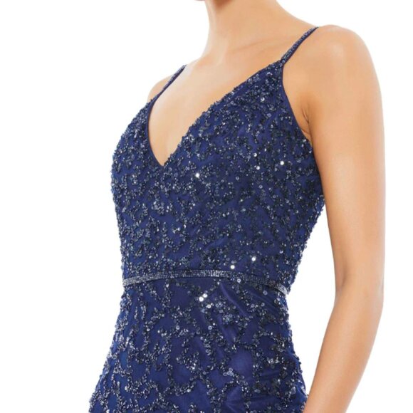 MAC DUGGAL 54781 SLEEVELESS BEADED V-NECK COLUMN MIDNIGHT GOWN sz 12 - Picture 6 of 7